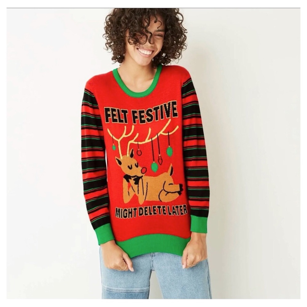Mighty Fine Ugly Christmas Sweater Reindeer Felt Cute Might Delete Later